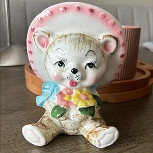 Vintage Ceramic Bear Figurine with Pink Hat & Colorful Flowers